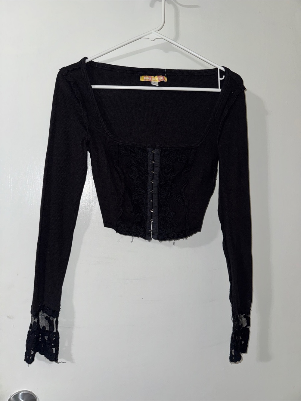 Urban Outfitters Black Lace-Trim Hook & Eye Long Sleeve Crop Top